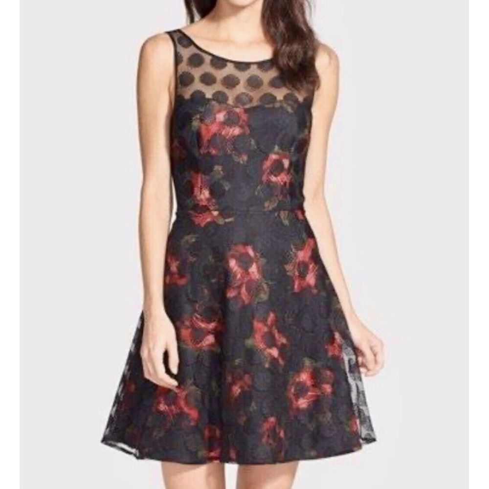 Betsey Johnson Vintage Dress Size 8 Black Net Lace Overlay Red Floral Mini